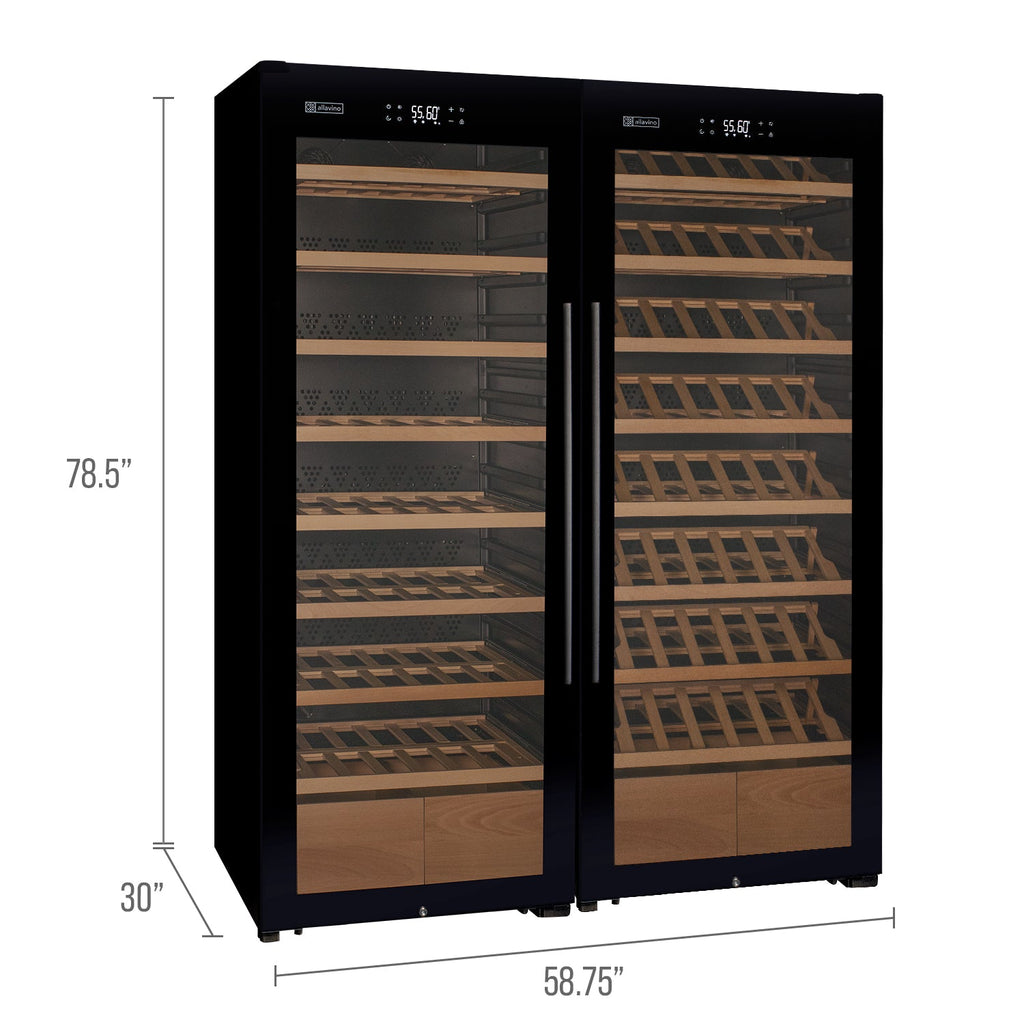 Allavino 496 Bottle Dual Zone Black Glass Side-by-Side Wine Refrigerator with Display Shelving