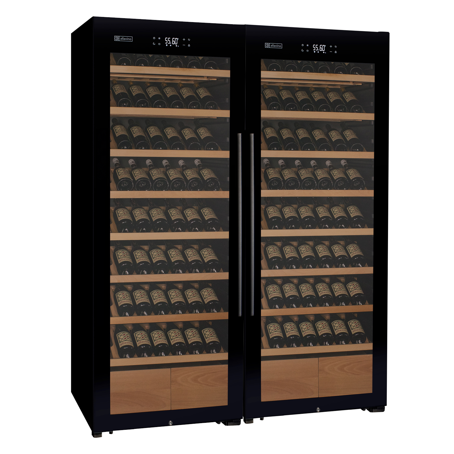 Allavino 496 Bottle Dual Zone Black Glass Side-by-Side Wine Refrigerator with Display Shelving