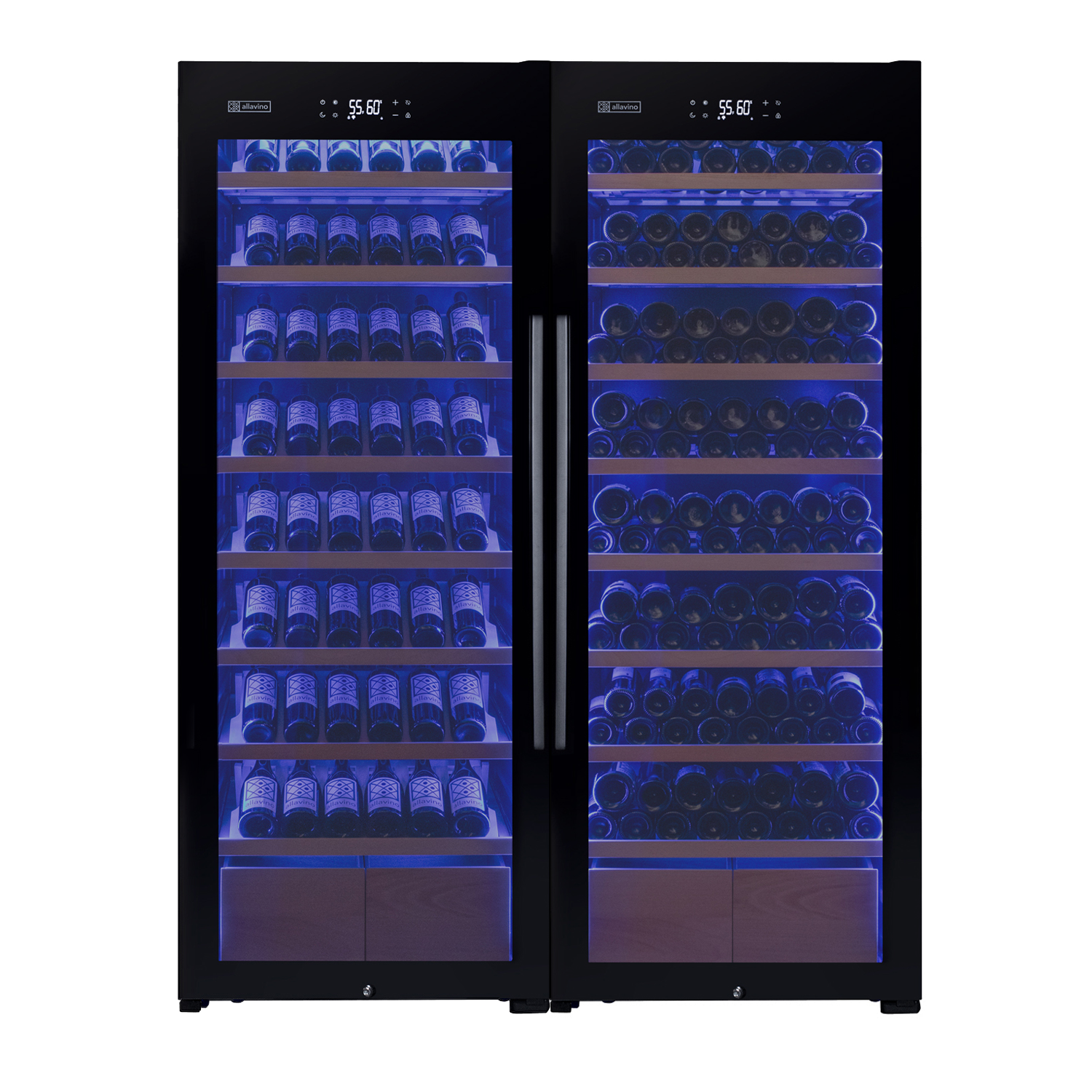 Allavino 496 Bottle Dual Zone Black Glass Side-by-Side Wine Refrigerator with Display Shelving