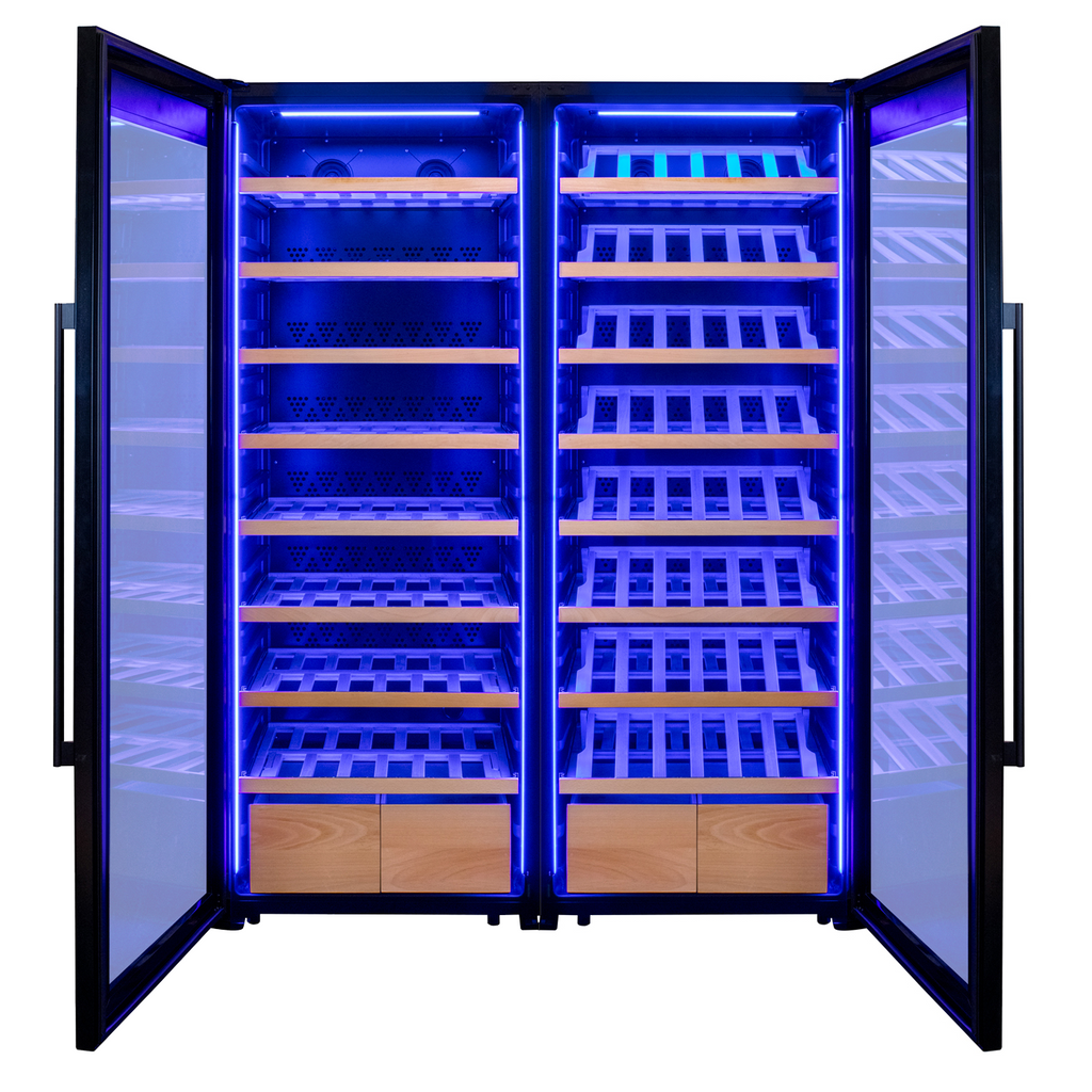 Allavino 496 Bottle Dual Zone Black Glass Side-by-Side Wine Refrigerator with Display Shelving