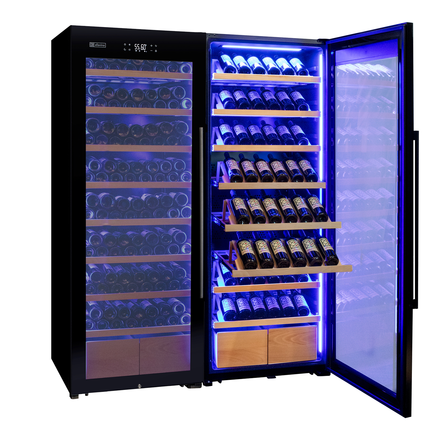 Allavino 496 Bottle Dual Zone Black Glass Side-by-Side Wine Refrigerator with Display Shelving