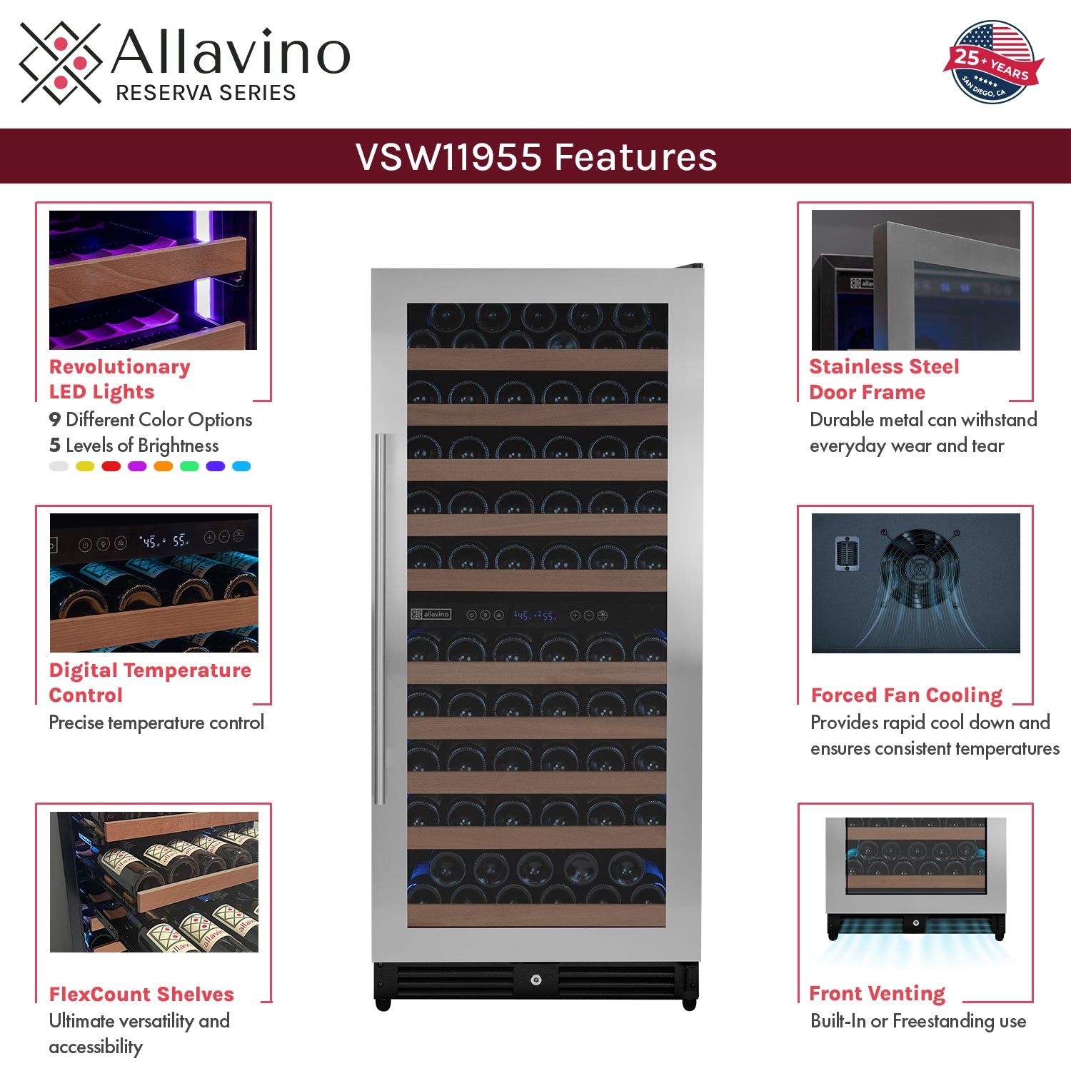 Allavino 238 Bottle 55" Tall Four Zone Side-by-Side Stainless Steel Wine Refrigerator