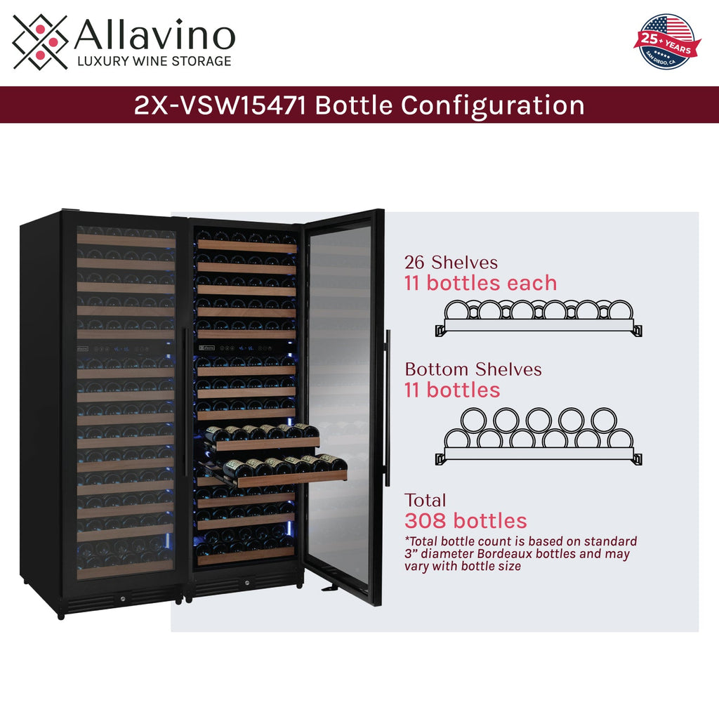 Allavino Reserva Series 308 Bottle 71" Tall Four Zone Black Metal Side-by-Side Wine Refrigerator