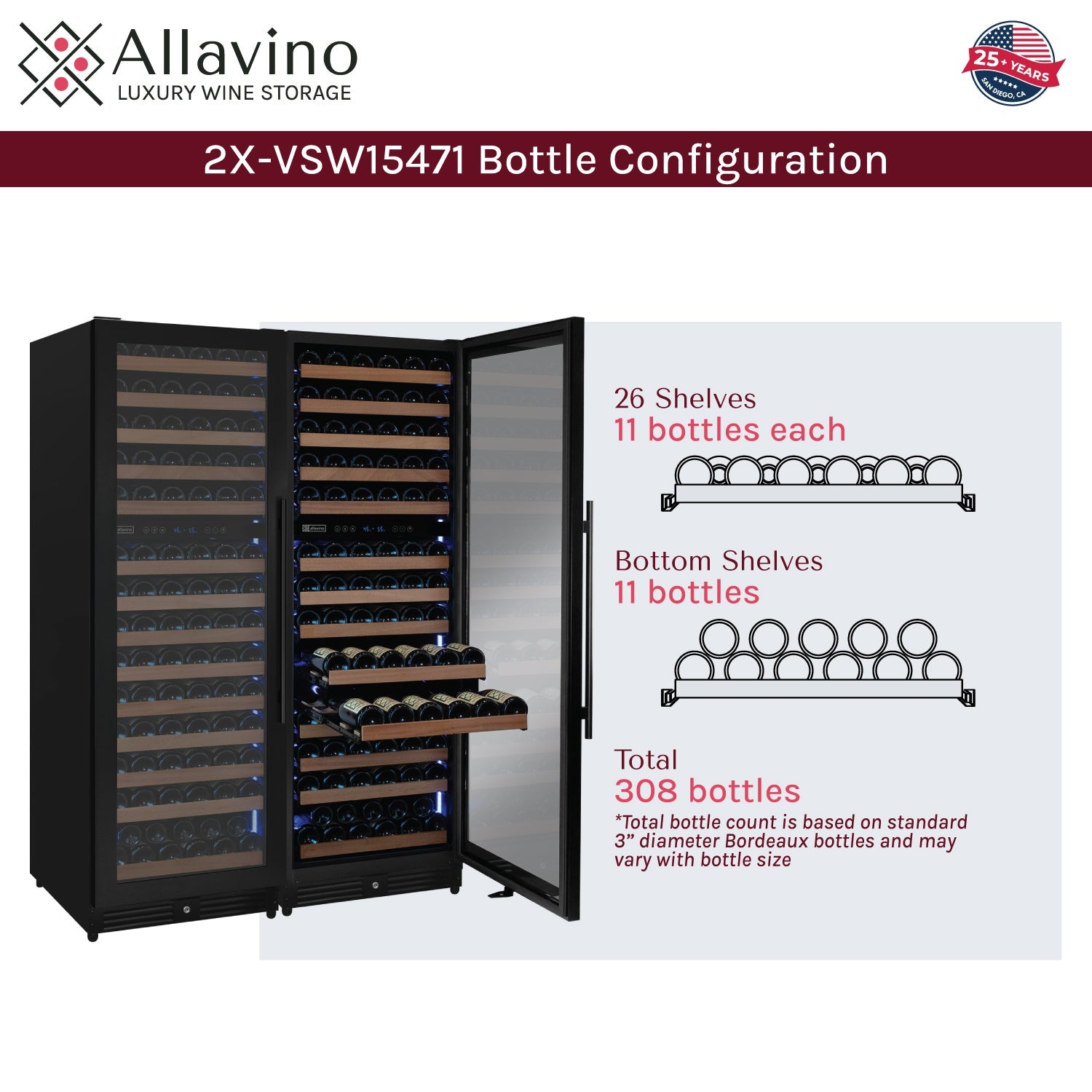 Allavino Reserva Series 308 Bottle 71" Tall Four Zone Black Metal Side-by-Side Wine Refrigerator