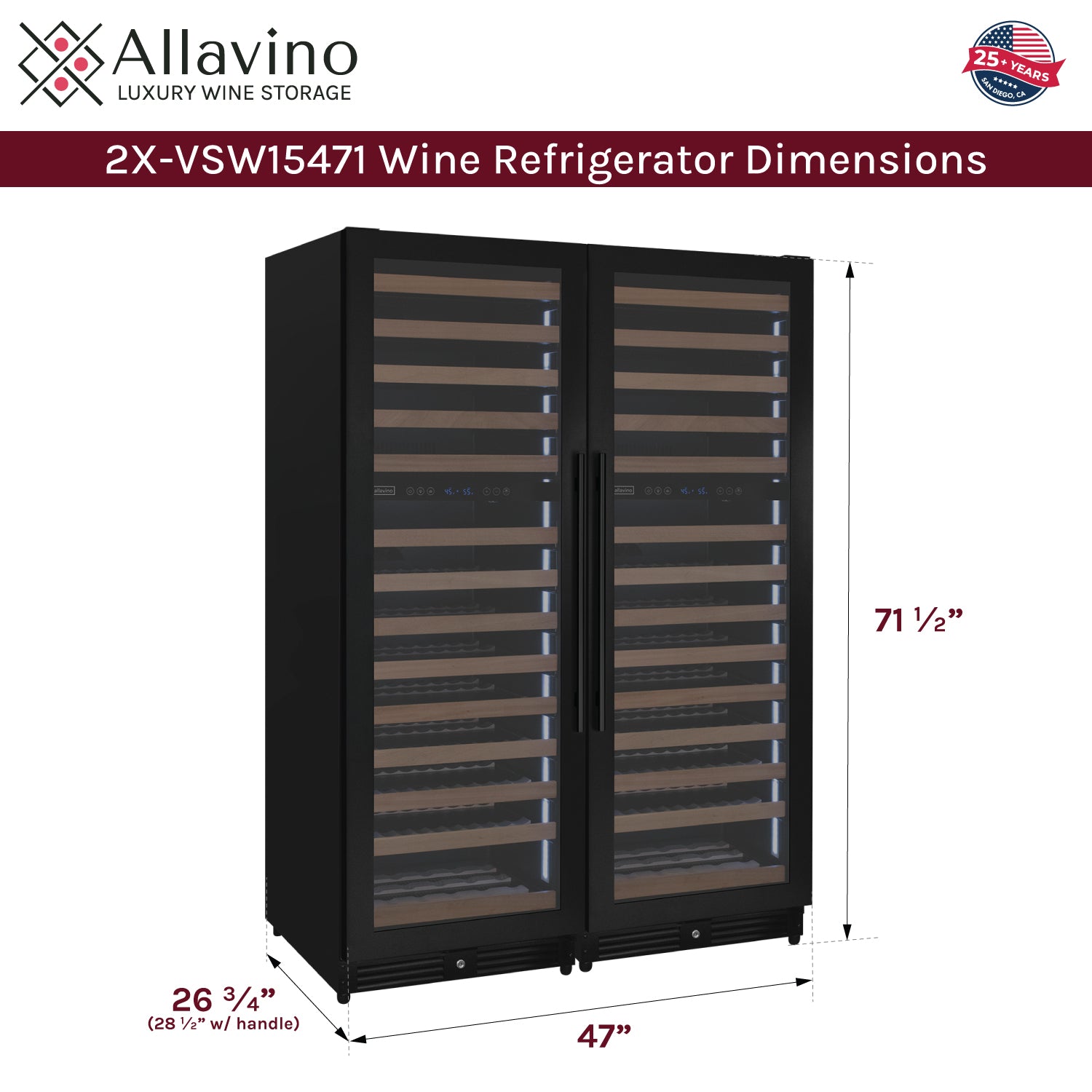 Allavino Reserva Series 308 Bottle 71" Tall Four Zone Black Metal Side-by-Side Wine Refrigerator