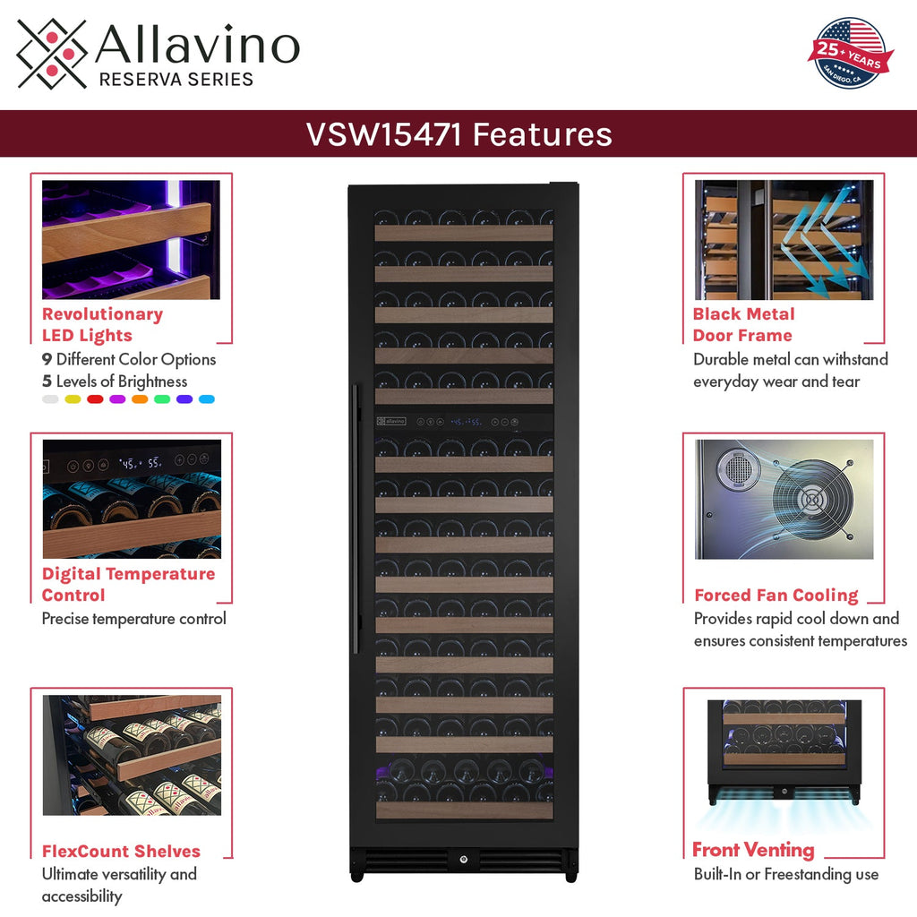 Allavino Reserva Series 308 Bottle 71" Tall Four Zone Black Metal Side-by-Side Wine Refrigerator