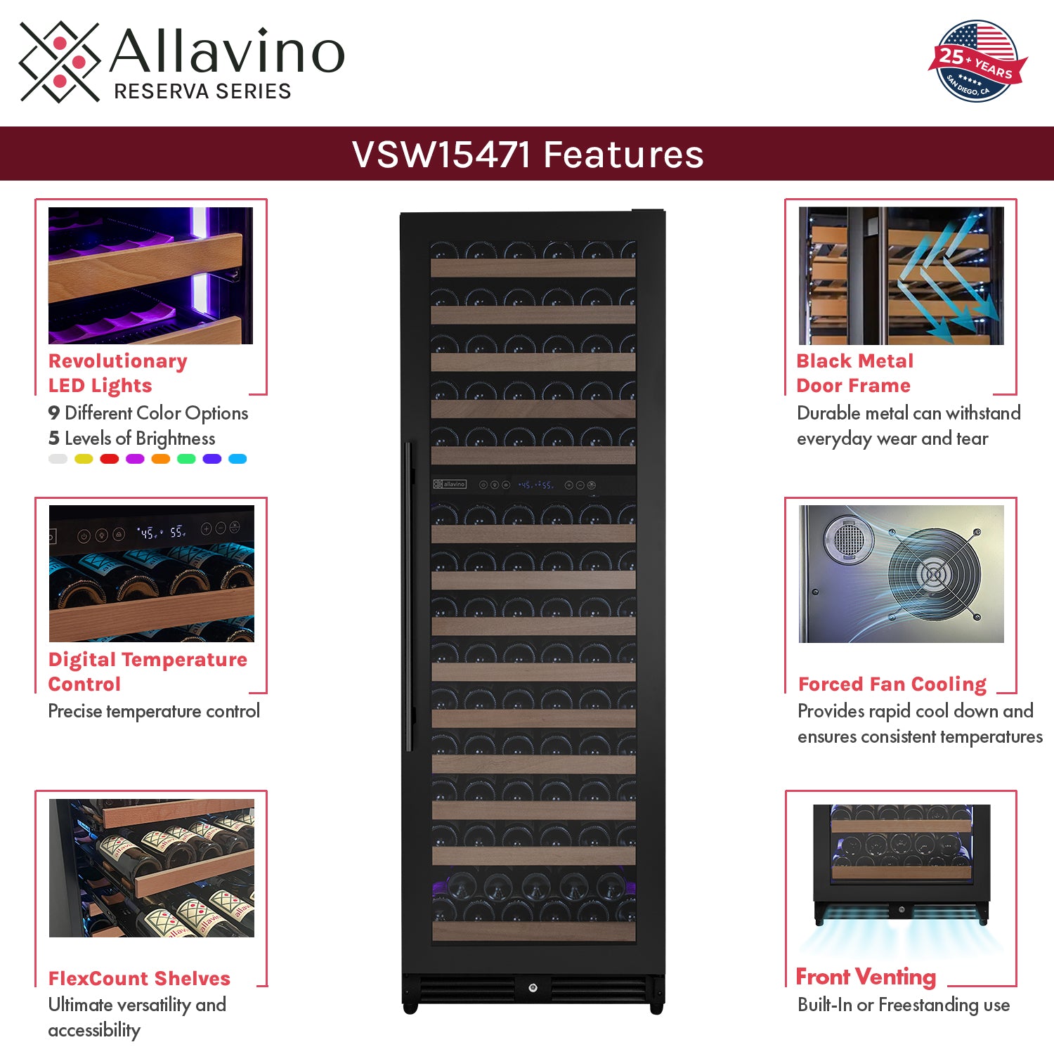 Allavino Reserva Series 308 Bottle 71" Tall Four Zone Black Metal Side-by-Side Wine Refrigerator