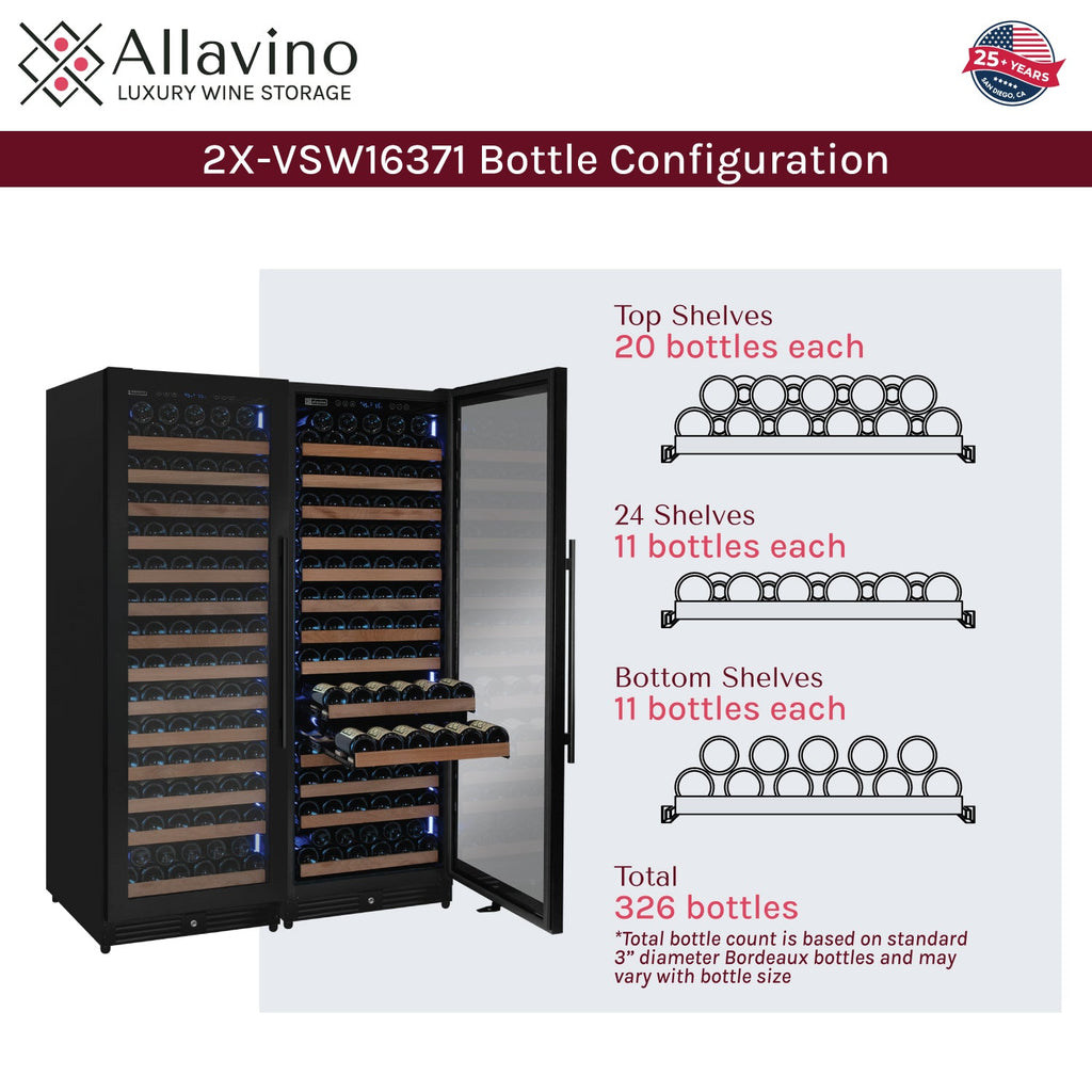 Allavino Reserva Series 326 Bottle 71" Tall Dual Zone Black Metal Side-by-Side Wine Refrigerator
