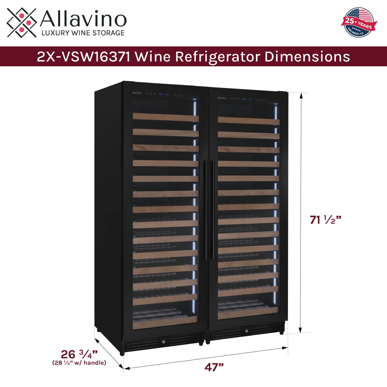Allavino Reserva Series 326 Bottle 71" Tall Dual Zone Black Metal Side-by-Side Wine Refrigerator