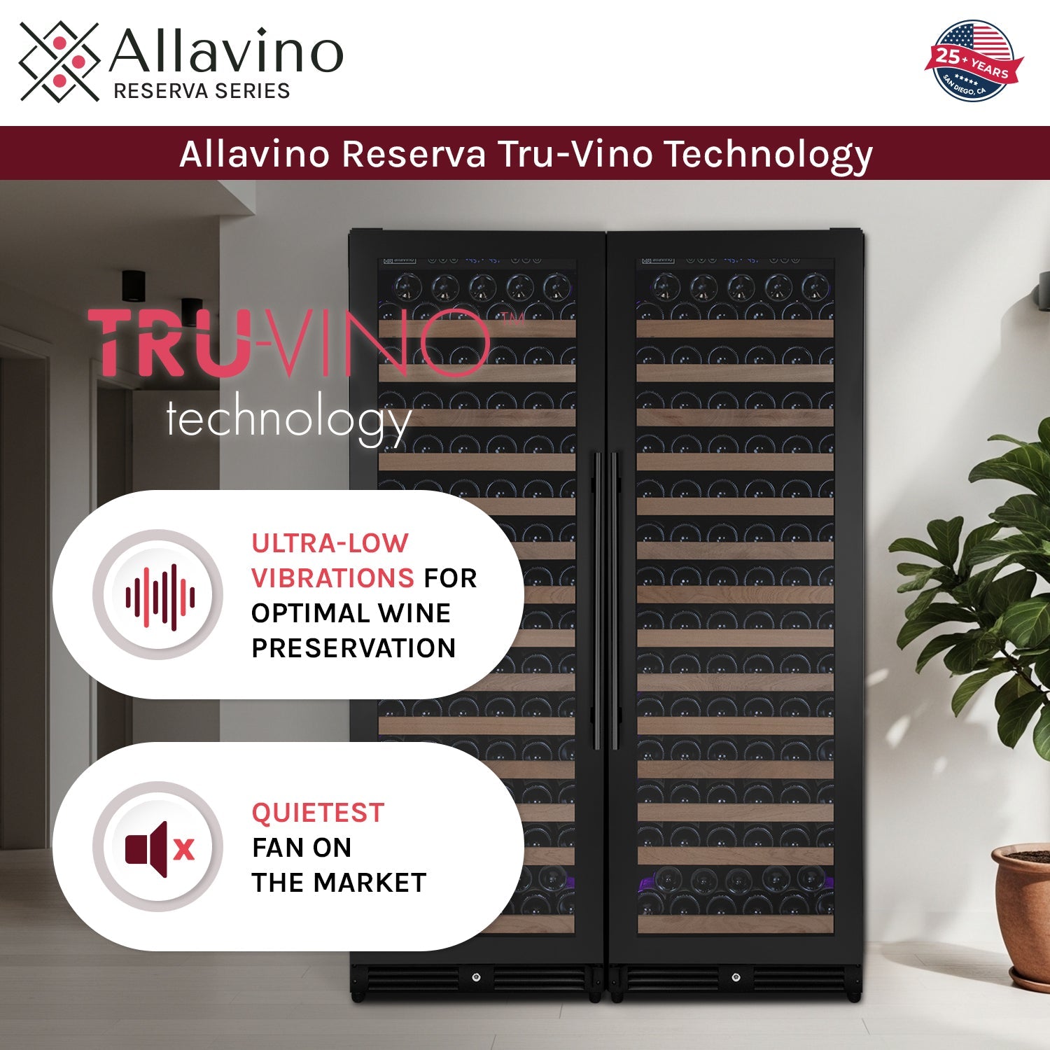 Allavino Reserva Series 326 Bottle 71" Tall Dual Zone Black Metal Side-by-Side Wine Refrigerator
