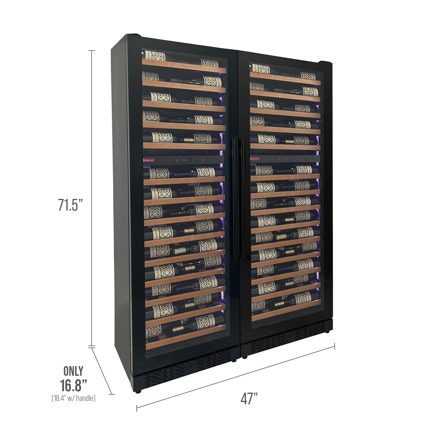 Allavino Reserva Series 134 Bottle 71" Tall Four Zone Black Side-by-Side Shallow Wine Refrigerator