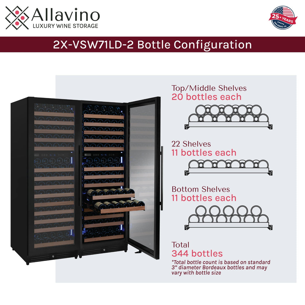 Allavino Reserva Series 344 Bottle Four Zone Built-In Side-by-Side Wine Refrigerator with Black Metal Doors