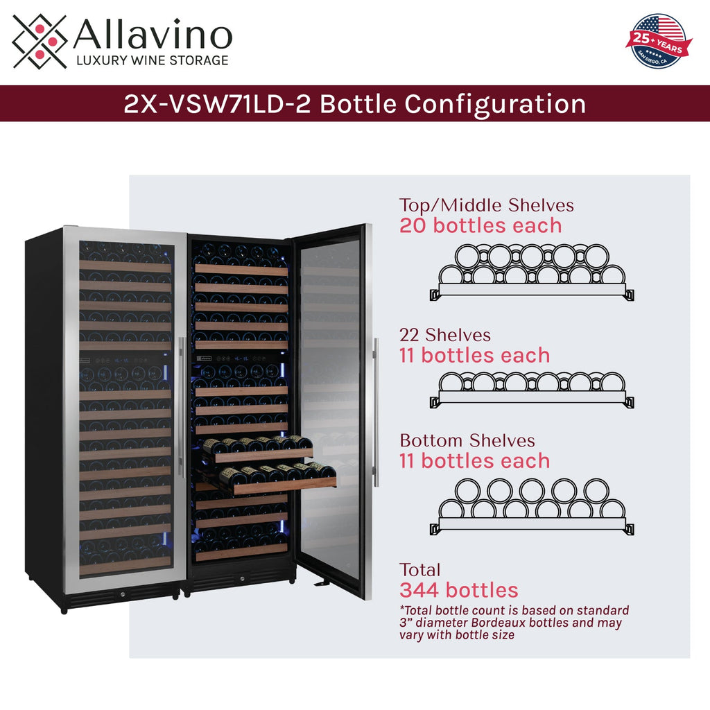 Allavino Reserva Series 344 Bottle Four Zone Built-In Side-by-Side Wine Refrigerator with Stainless Steel Doors