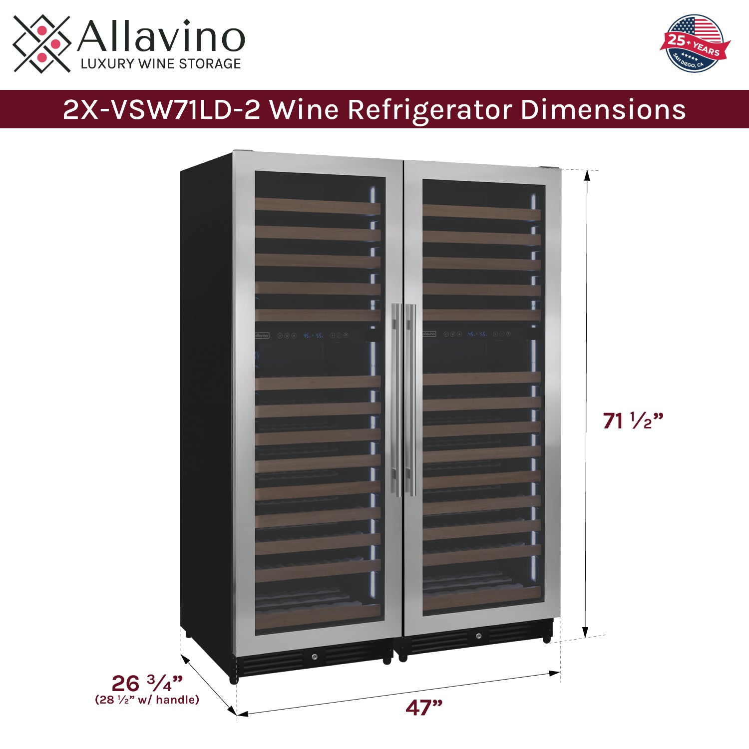 Allavino Reserva Series 344 Bottle Four Zone Built-In Side-by-Side Wine Refrigerator with Stainless Steel Doors