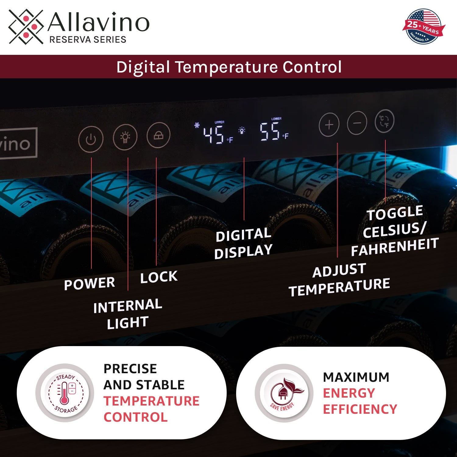 Allavino Reserva Series 344 Bottle Four Zone Built-In Side-by-Side Wine Refrigerator with Stainless Steel Doors