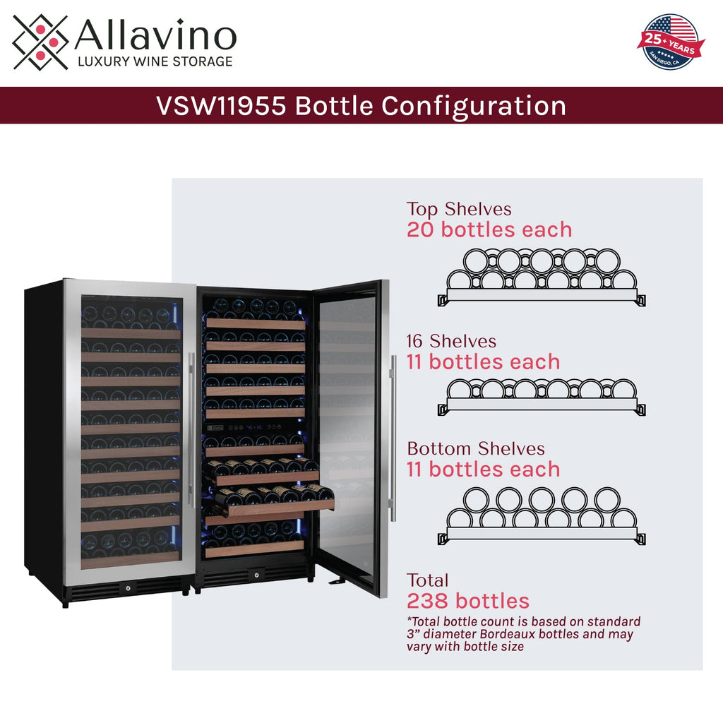 Allavino 238 Bottle 55" Tall Three Zone Side-by-Side Stainless Steel Wine Refrigerator