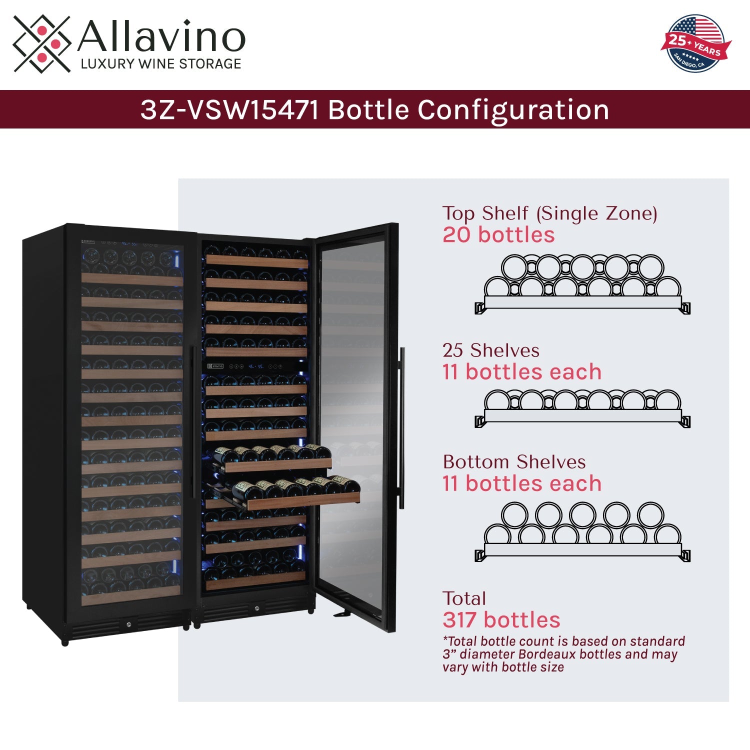 Allavino Reserva Series 317 Bottle Three Zone Tall Side-by-Side Wine Refrigerator with Black Metal Doors