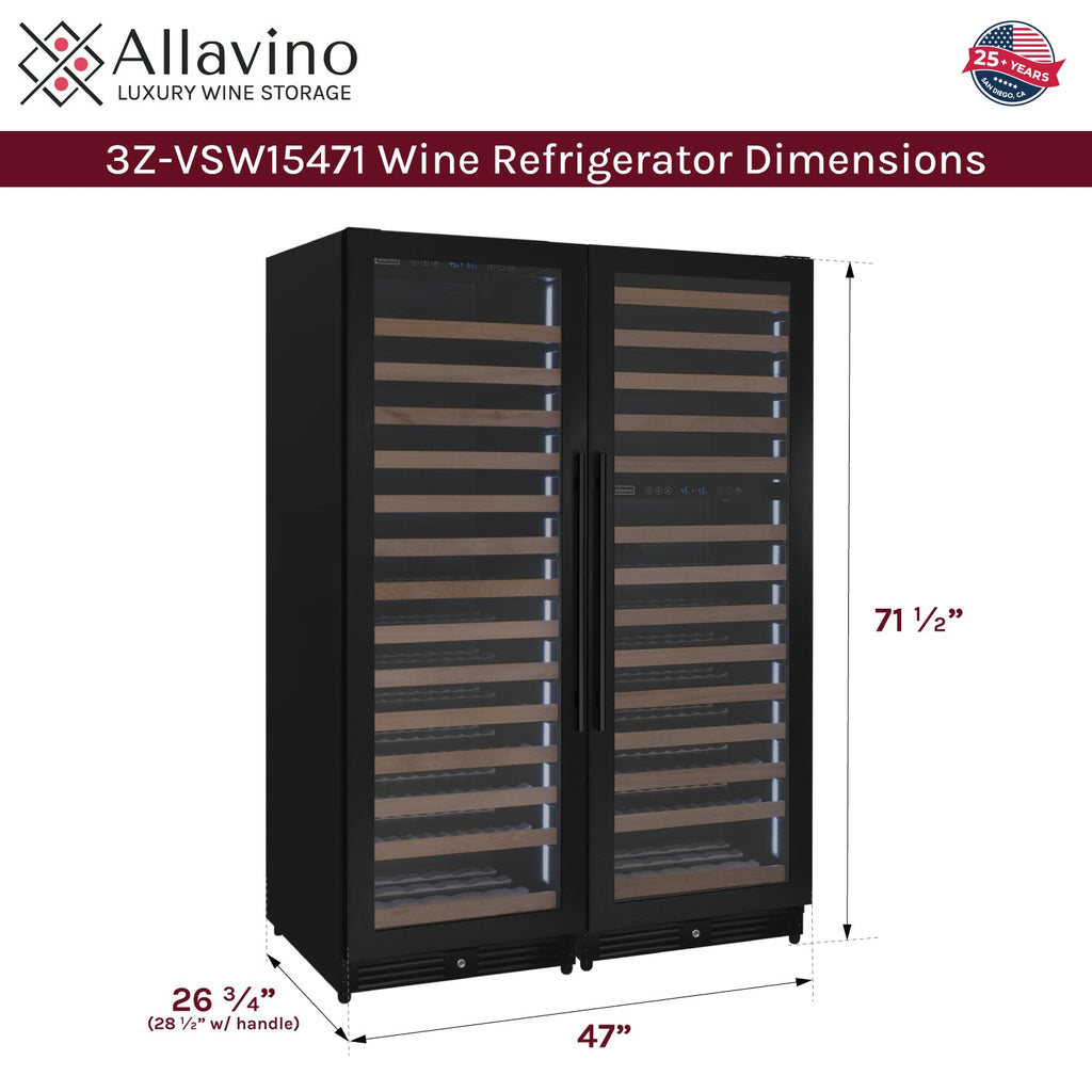 Allavino Reserva Series 317 Bottle Three Zone Tall Side-by-Side Wine Refrigerator with Black Metal Doors