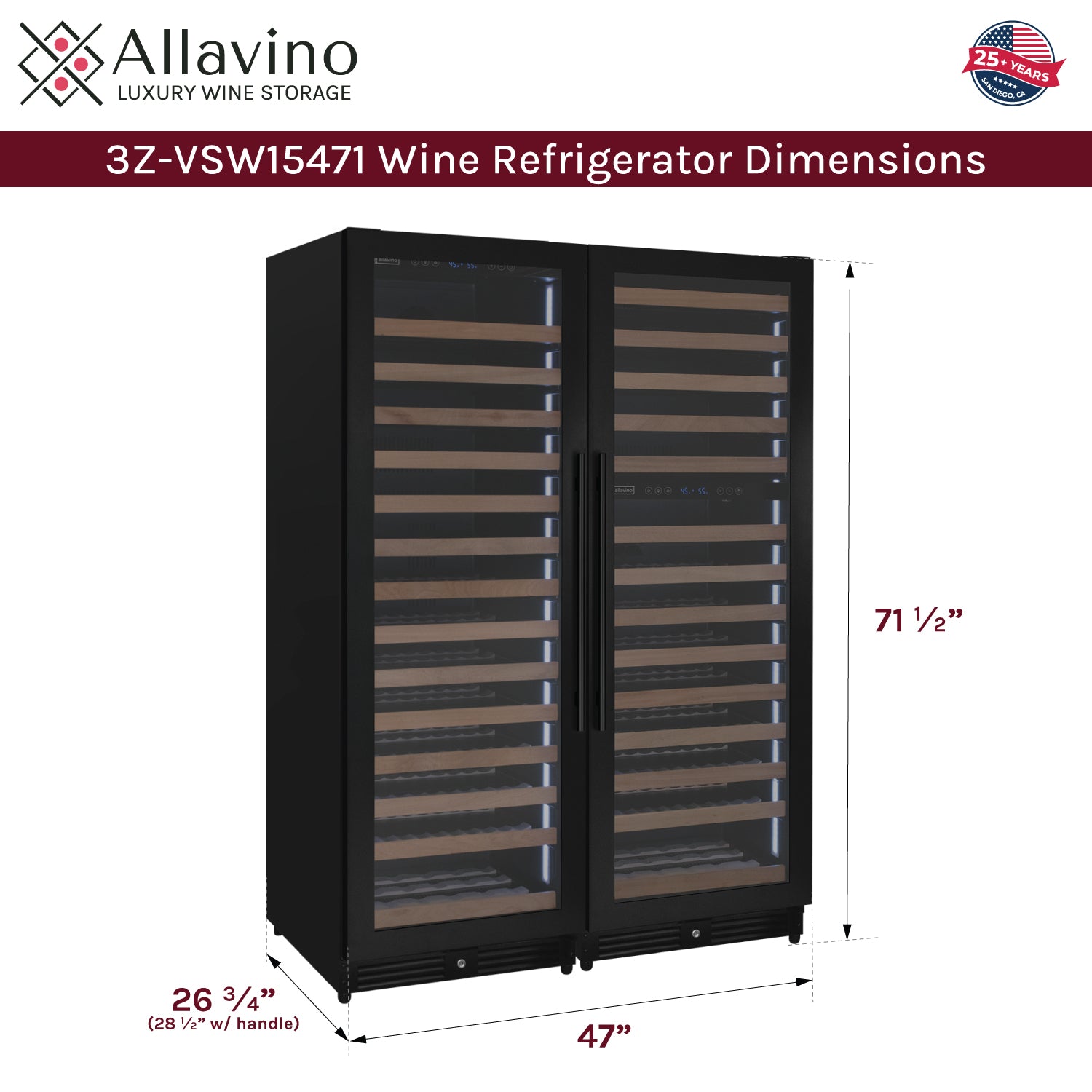 Allavino Reserva Series 317 Bottle Three Zone Tall Side-by-Side Wine Refrigerator with Black Metal Doors