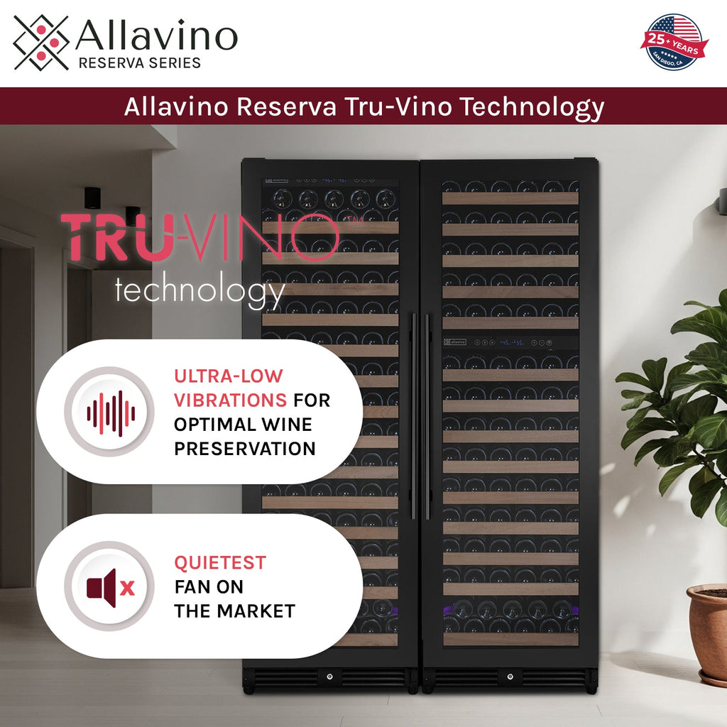 Allavino Reserva Series 317 Bottle Three Zone Tall Side-by-Side Wine Refrigerator with Black Metal Doors