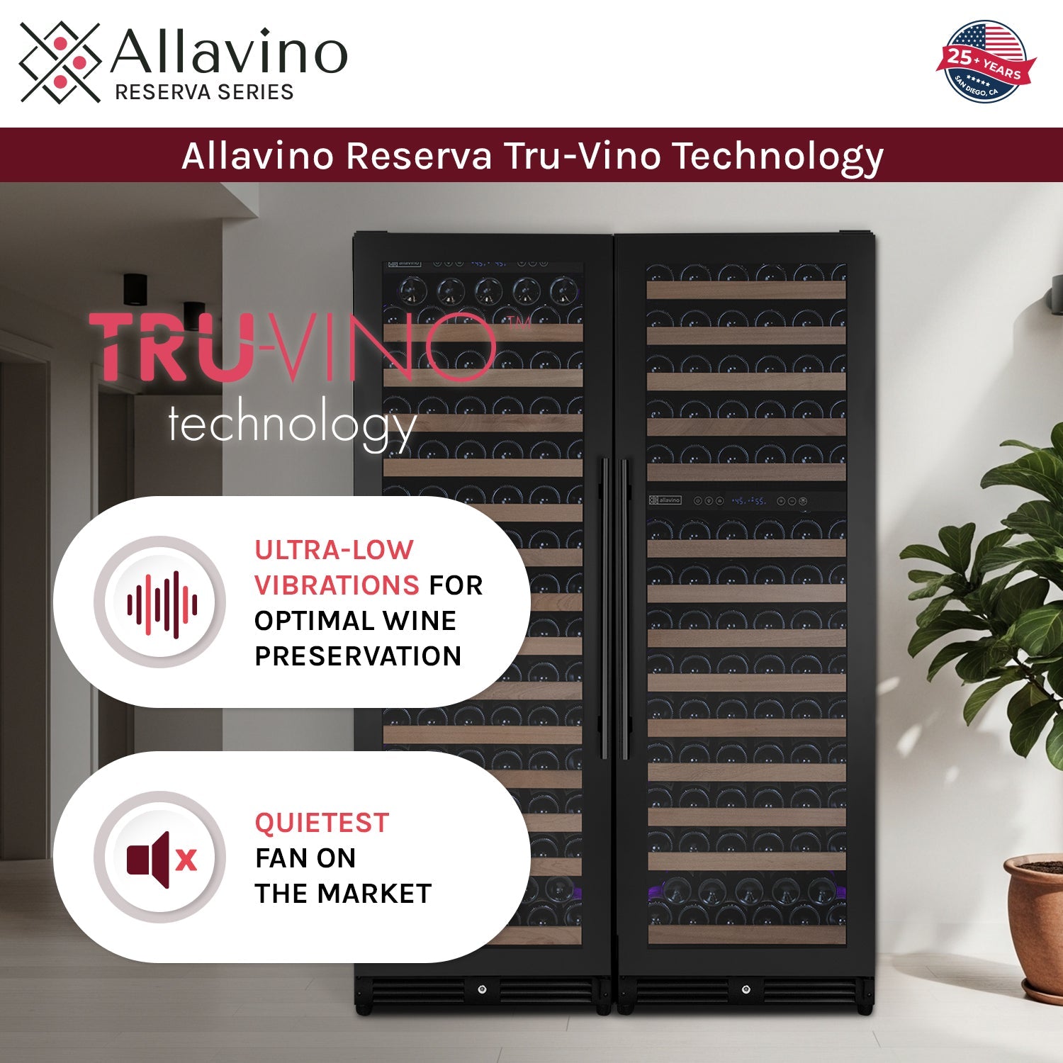 Allavino Reserva Series 317 Bottle Three Zone Tall Side-by-Side Wine Refrigerator with Black Metal Doors