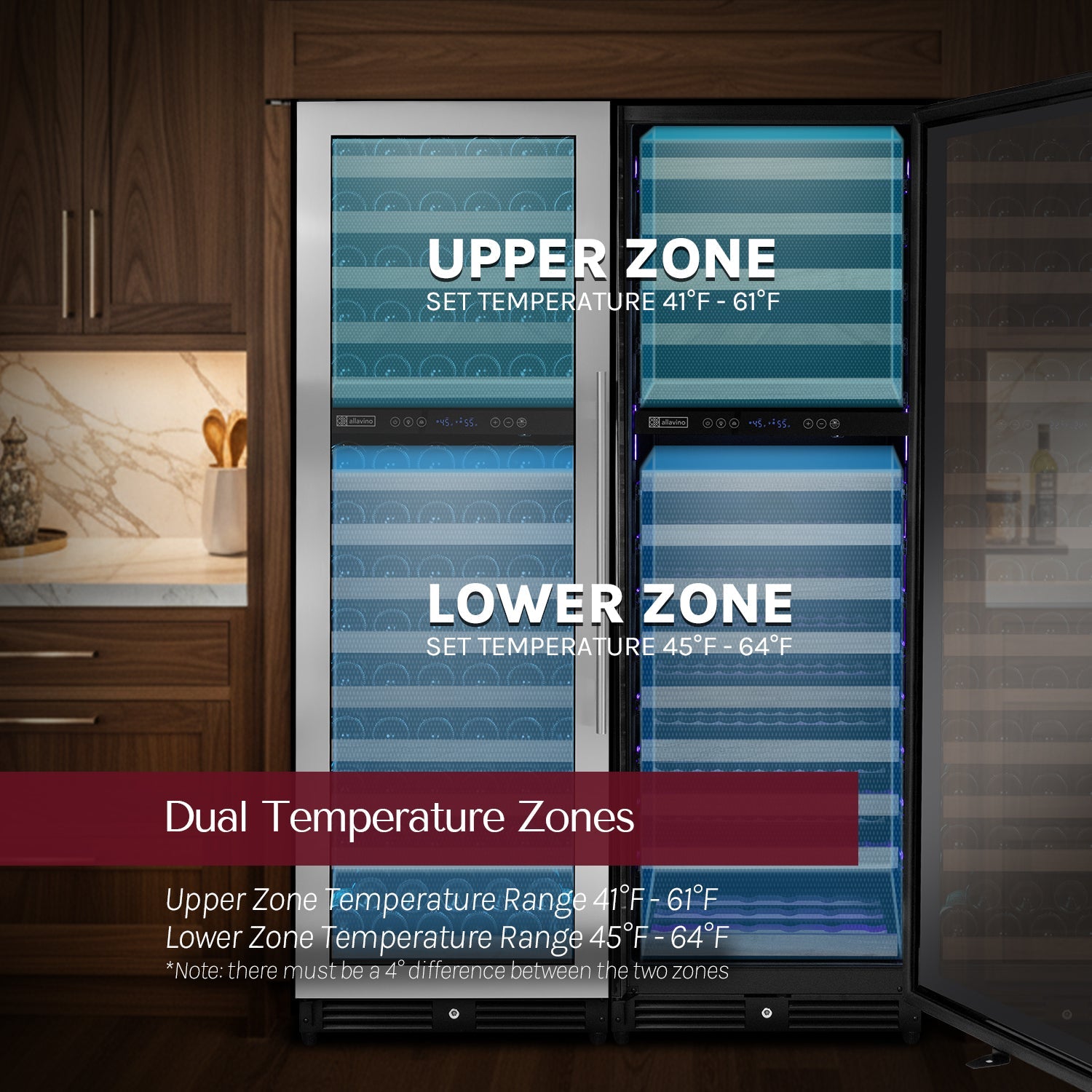 Allavino Reserva Series 317 Bottle 71" Tall Three Zone Stainless Steel Side-by-Side Wine Refrigerator