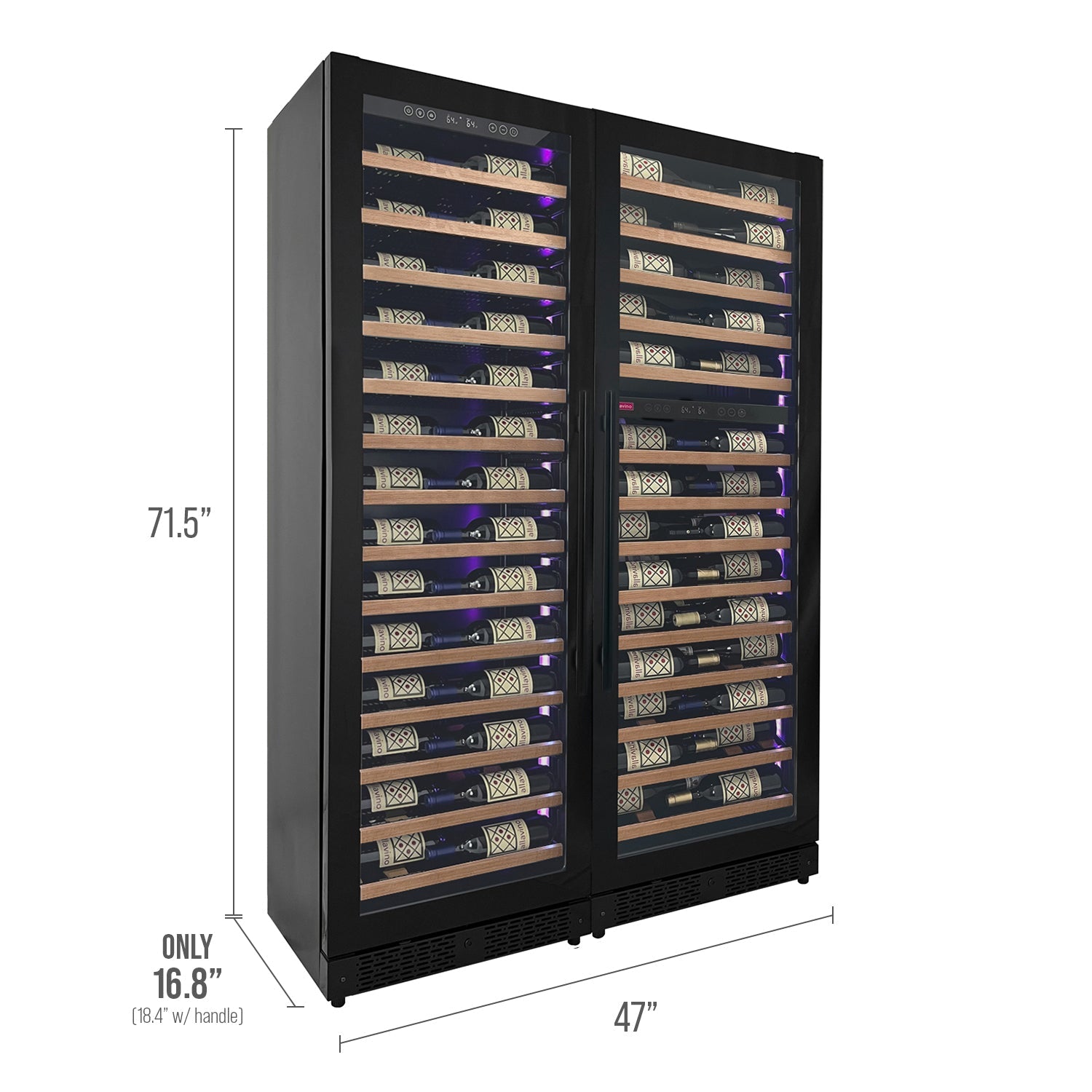 Allavino Reserva Series 134 Bottle 71" Tall Three Zone Black Side-by-Side Shallow Wine Refrigerator