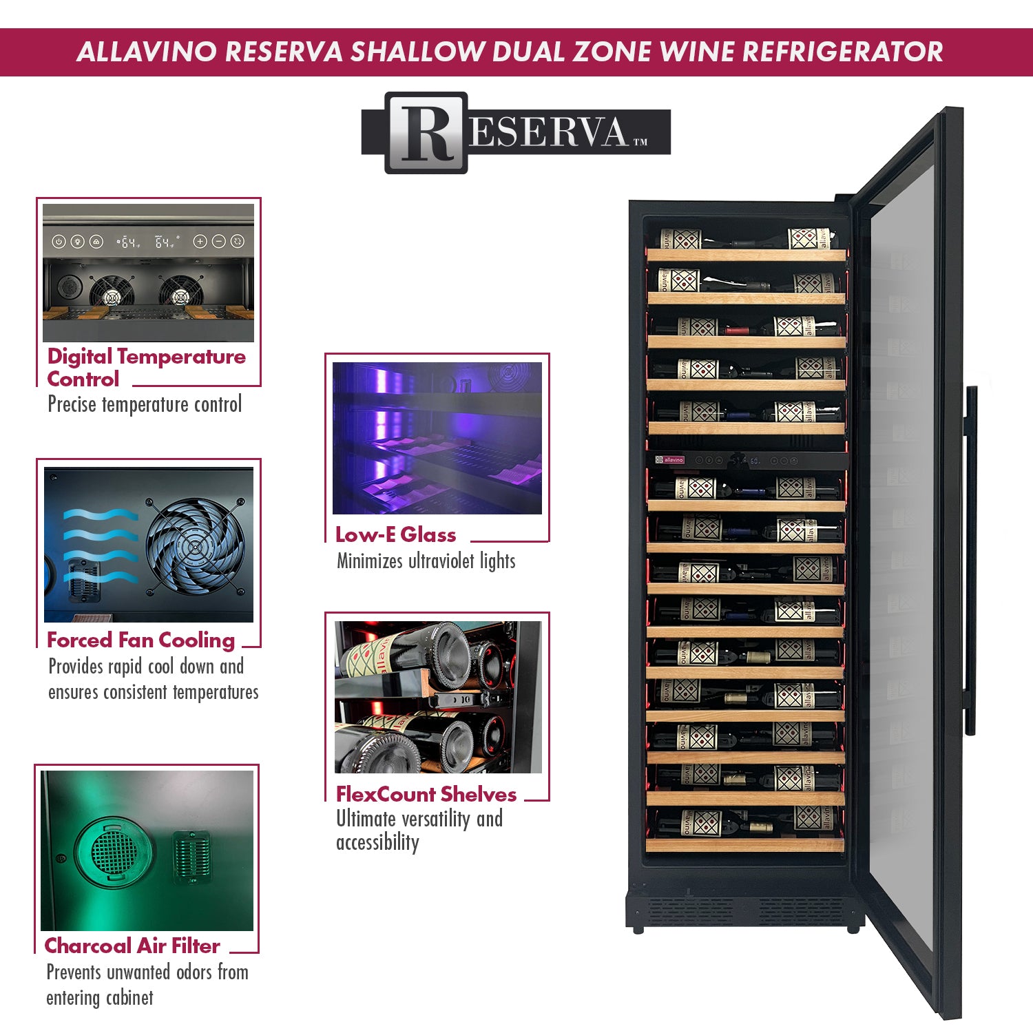 Allavino Reserva Series 134 Bottle 71" Tall Three Zone Black Side-by-Side Shallow Wine Refrigerator