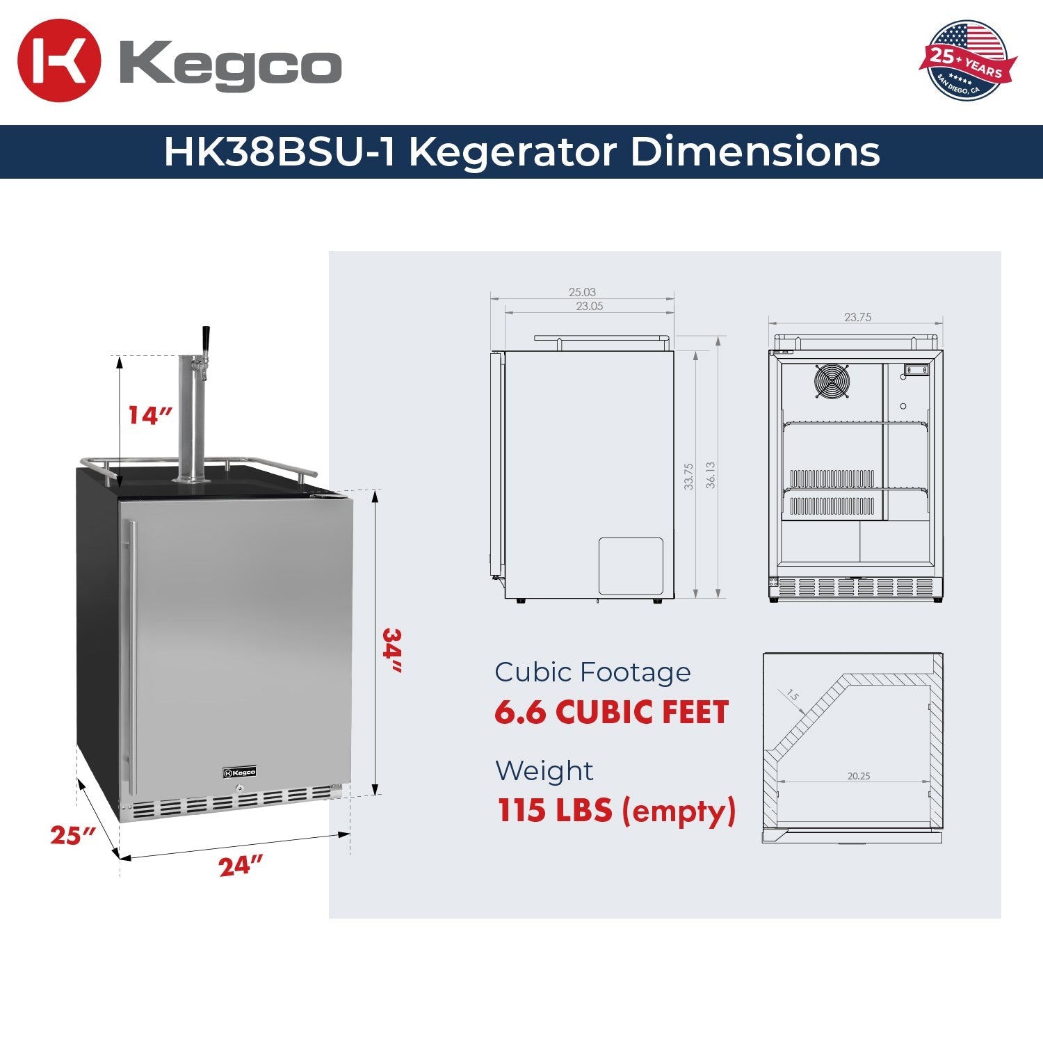Kegco HK38BSU-1 24" Single Tap Built-In Stainless Steel Kegerator