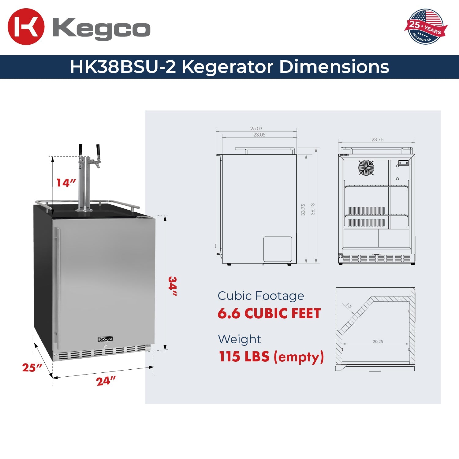Kegco HK38BSU-2 24" Dual Tap Built-In Stainless Steel Kegerator