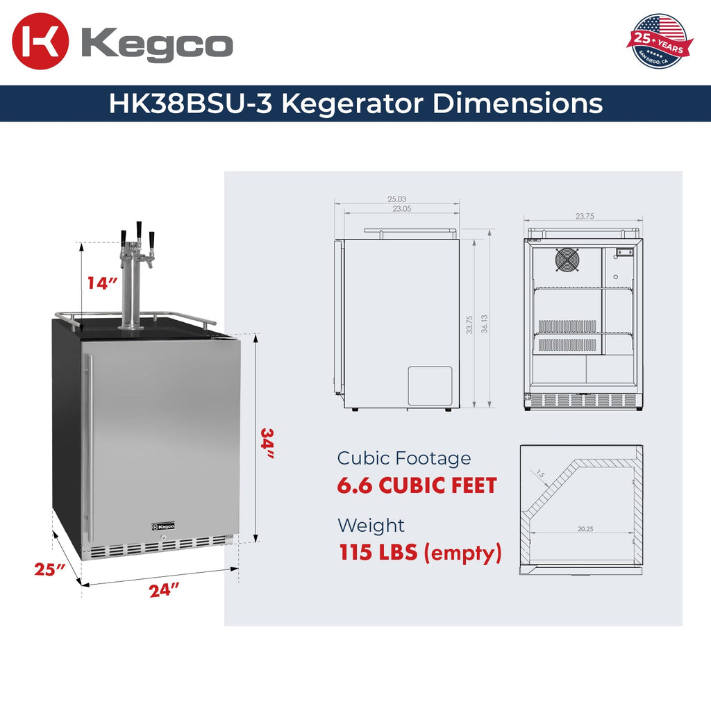 Kegco HK38BSU-3 24" Triple Tap Built-In Stainless Steel Kegerator