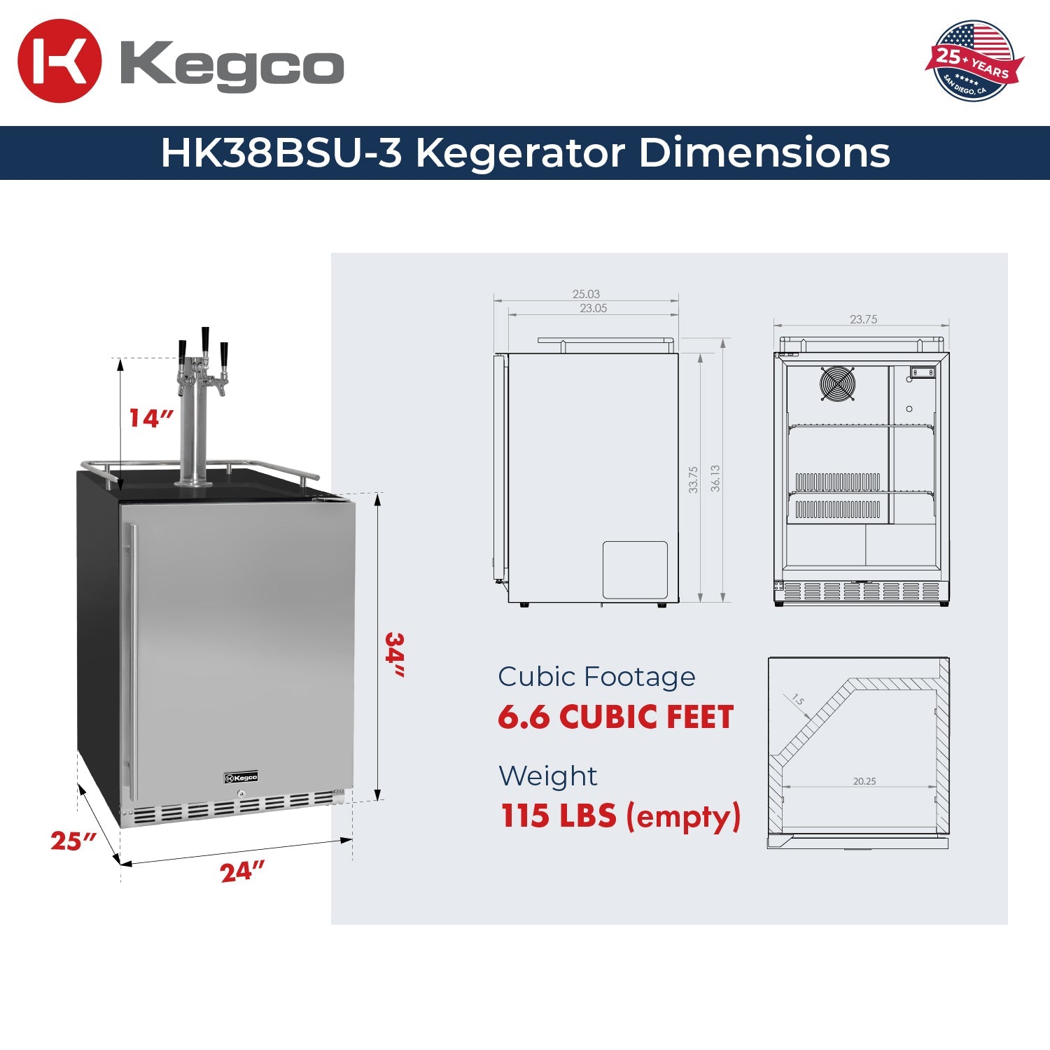 Kegco HK38BSU-3 24" Triple Tap Built-In Stainless Steel Kegerator