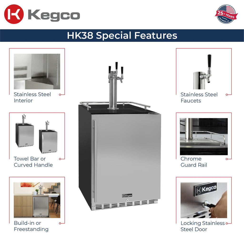 Kegco HK38BSU-3 24" Triple Tap Built-In Stainless Steel Kegerator