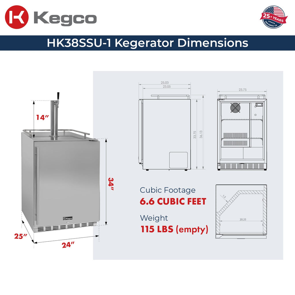 Kegco HK38SSU-1 24" Single Tap Outdoor Built-In Stainless Steel Kegerator