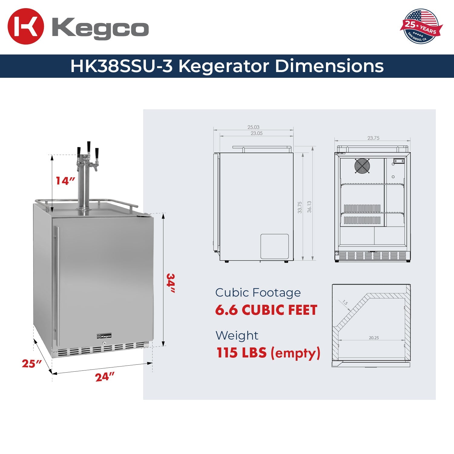 Kegco HK38SSU-3 24" Triple Tap Outdoor Built-In Stainless Steel Kegerator