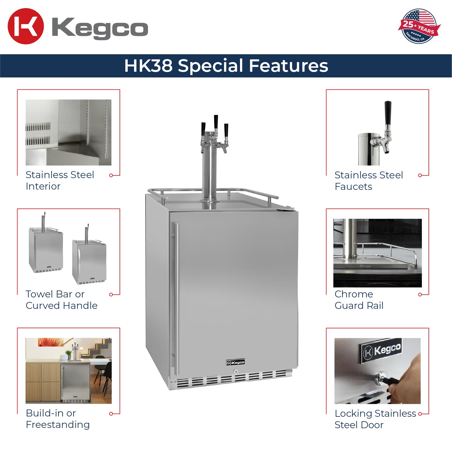 Kegco HK38SSU-3 24" Triple Tap Outdoor Built-In Stainless Steel Kegerator