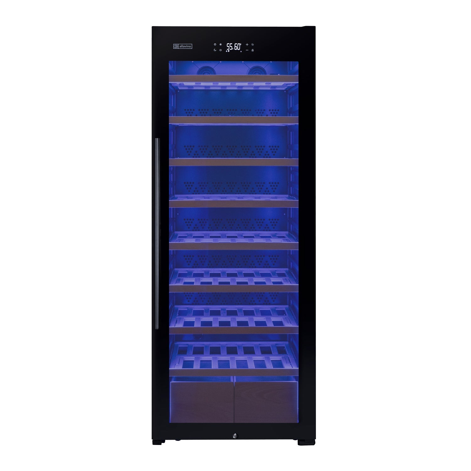 Allavino 248 Bottle Single Zone Black Glass Wine Refrigerator with Display Shelving