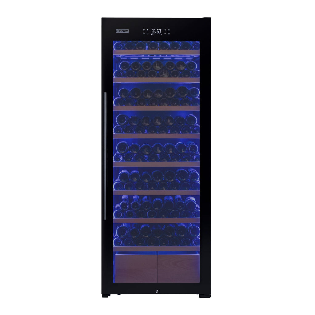 Allavino 248 Bottle Single Zone Black Glass Wine Refrigerator with Display Shelving