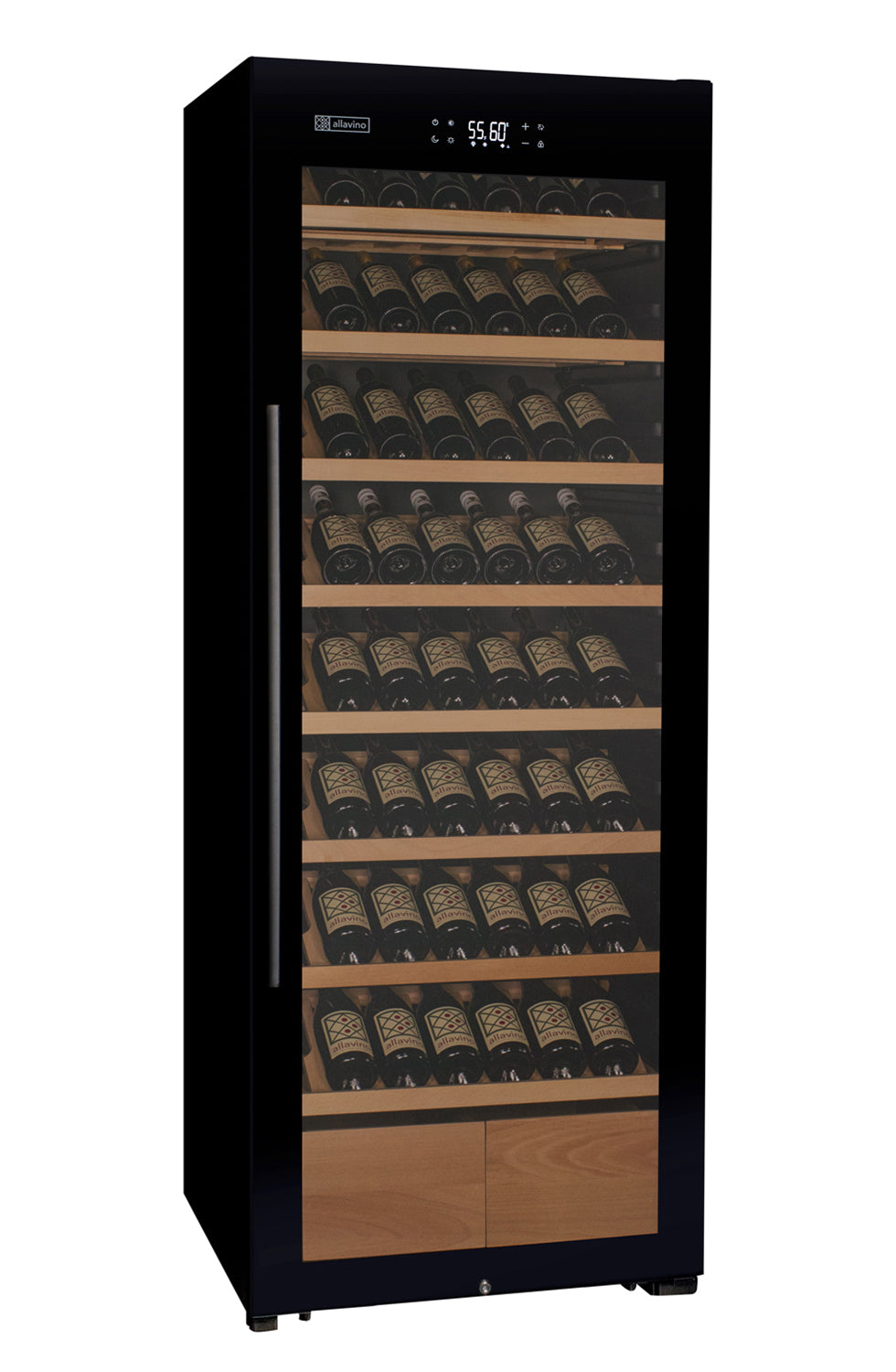 Allavino 248 Bottle Single Zone Black Glass Wine Refrigerator with Display Shelving