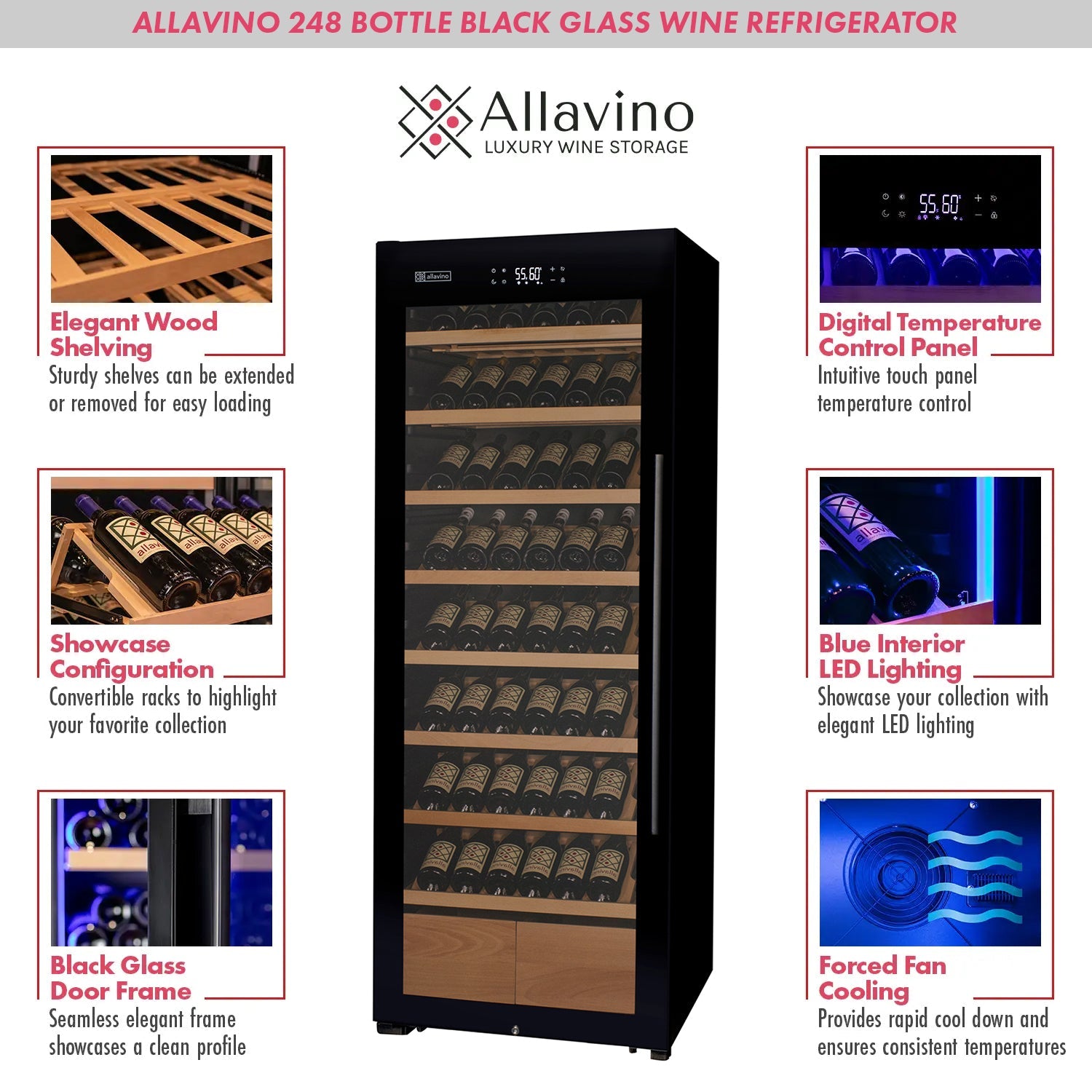 Allavino 248 Bottle Single Zone Black Glass Wine Refrigerator with Display Shelving (Left Hinge)