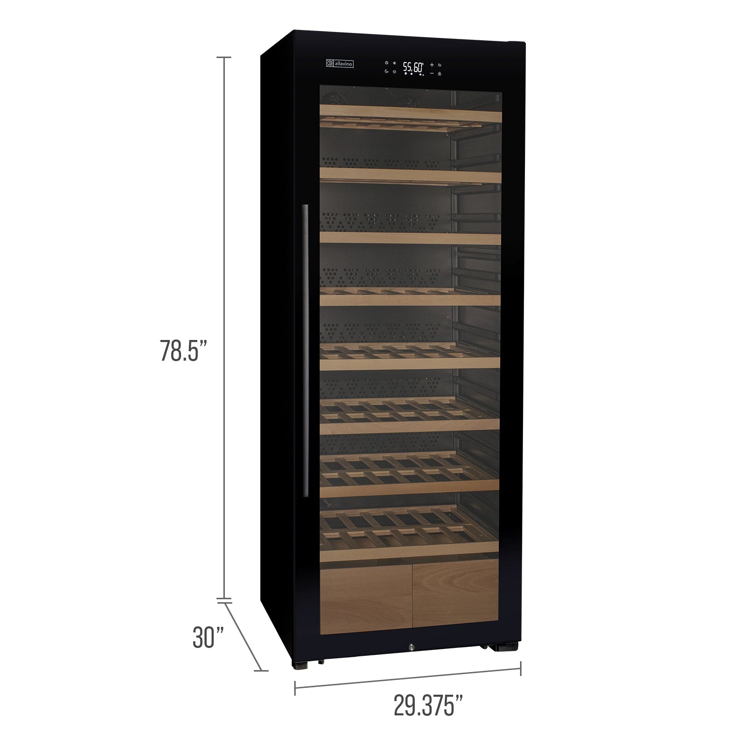 Allavino 248 Bottle Single Zone Black Glass Wine Refrigerator with Display Shelving