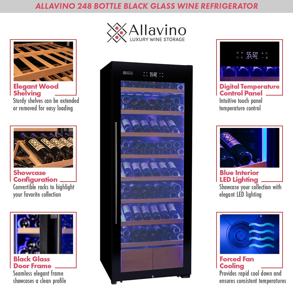 Allavino 248 Bottle Single Zone Black Glass Wine Refrigerator with Display Shelving