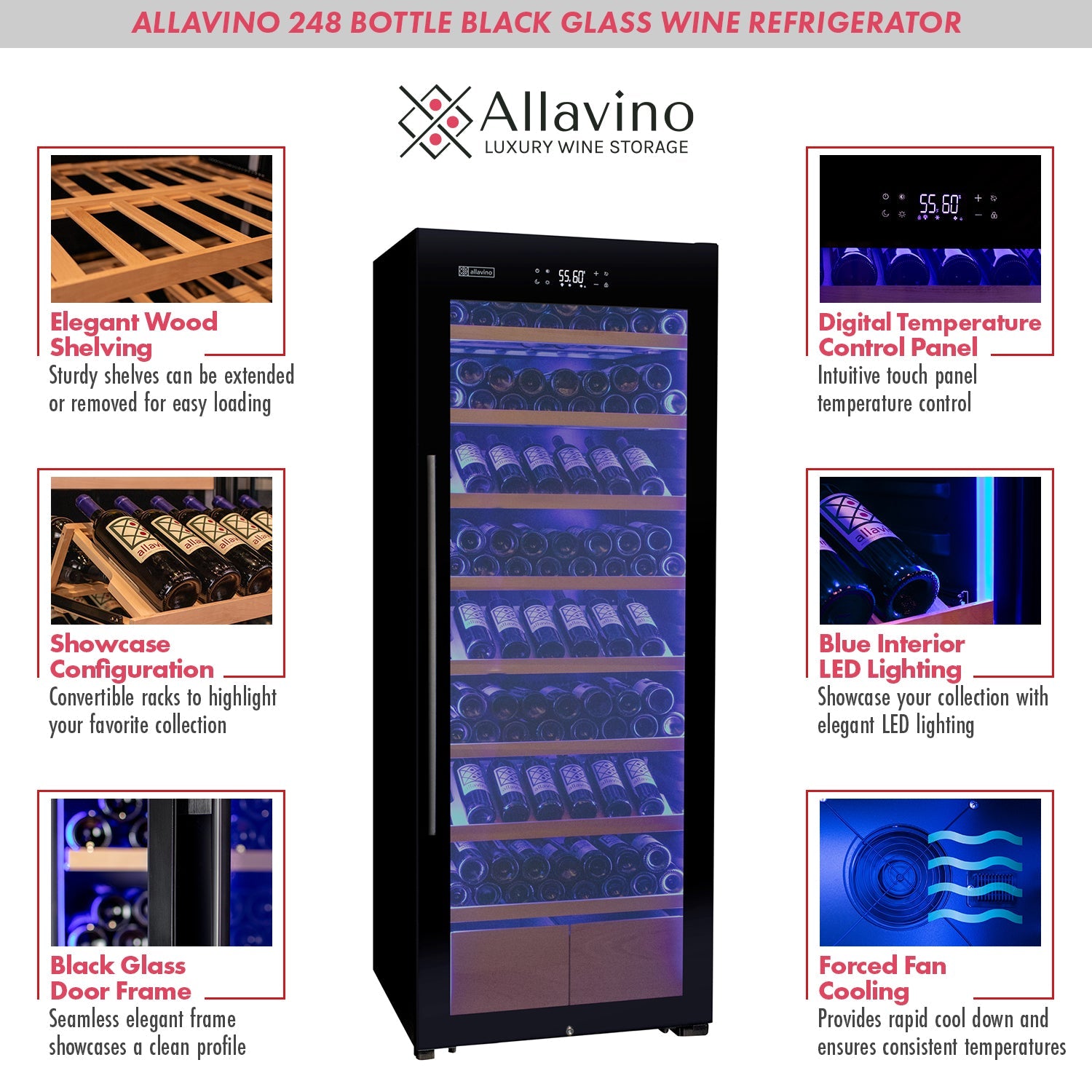 Allavino 248 Bottle Single Zone Black Glass Wine Refrigerator with Display Shelving