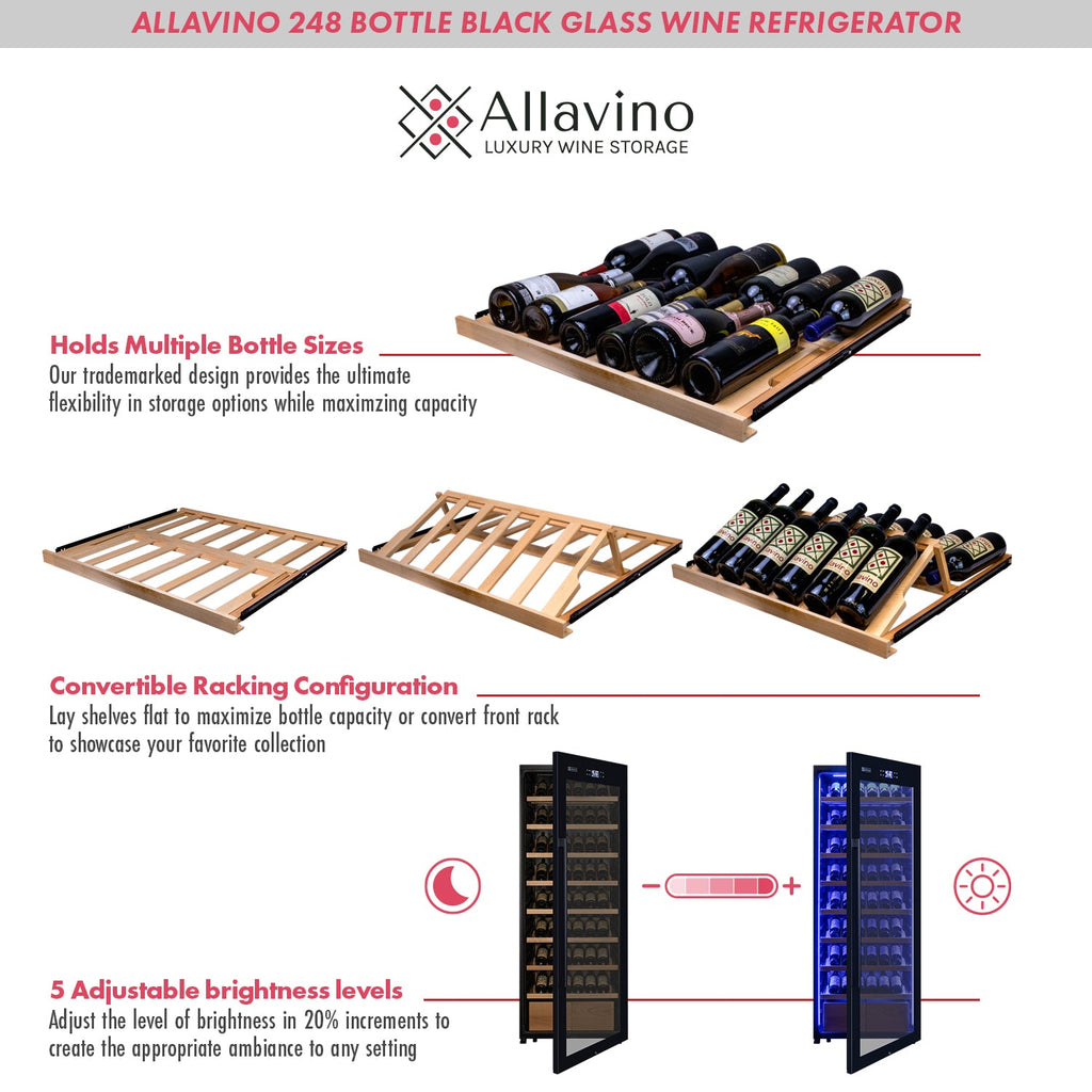 Allavino 248 Bottle Single Zone Black Glass Wine Refrigerator with Display Shelving