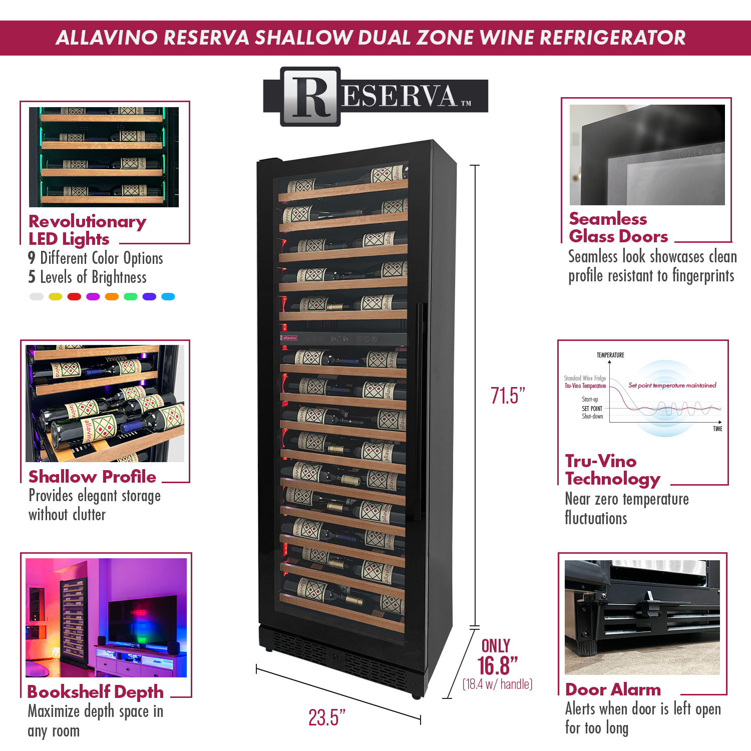 Allavino Reserva Series 134 Bottle 71" Tall Four Zone Black Side-by-Side Shallow Wine Refrigerator