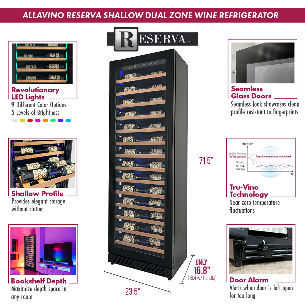 Allavino Reserva Series 134 Bottle 71" Tall Dual Zone Black Side-by-Side Shallow Wine Refrigerator