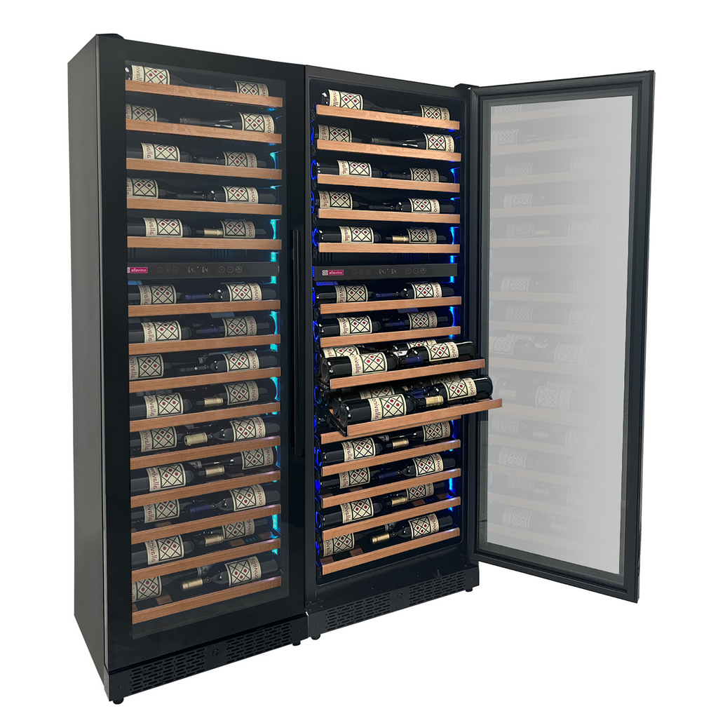 Allavino Reserva Series 134 Bottle 71" Tall Four Zone Black Side-by-Side Shallow Wine Refrigerator